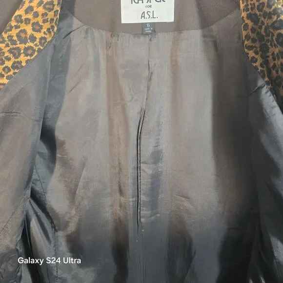 Kasper for A.S.L. Women's Brown Double Breasted Blazer Leopard Trim Size 6 - Picture 5 of 10